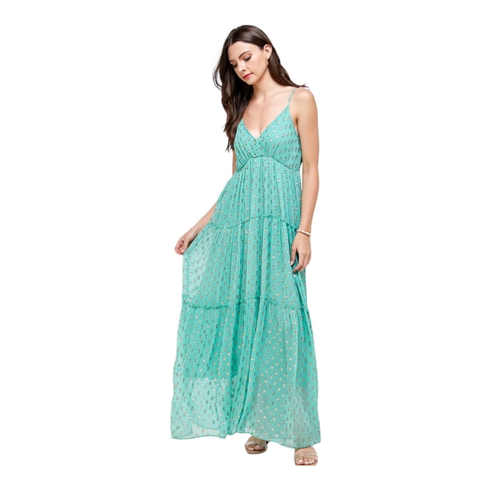 En Creme by Anthropologie Aqua Tiered Boho Maxi Summer Dress Women’s Medium
